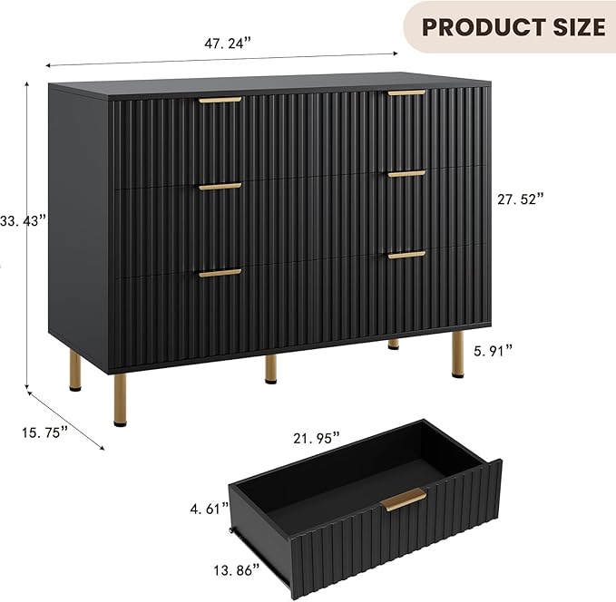 GarveeHome Fluted 6 Drawer Dresser for Bedroom, 47.2 in Wide Modern Chest of Drawers with Deep Drawers, Large Double Dresser TV Stand, Wooden Organizer for Living Room, Hallway, Kids Room, Black