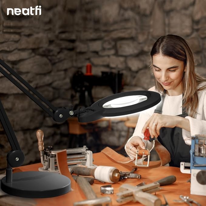 Neatfi XL Bifocal LED Magnifying Lamp – 7-Inch Acrylic Lens, 2.25x & 6X Magnification, 1,600 Lumens, Dimmable LED, Adjustable Arm, Hands-Free Close Work (Black, with Base)