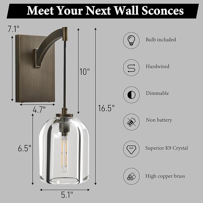 Crystal Brass Hemisphere Wall Sconce - Luxury Antique Brushed Lighting Fixture with K9 Crystals Cloche - Set of 2 Dimmable Indoor Hanging Light - Modern Gold Sconces for Bathroom Living Room Stair