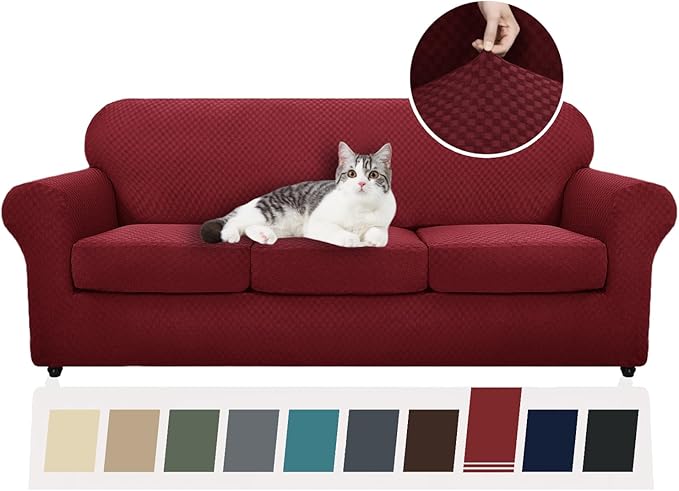 YEMYHOM Latest Checkered 4 Pieces Couch Covers for 3 Cushion Couch High Stretch Thickened Sofa Cover for Dogs Pets Elastic Slipcovers Living Room Furniture Protector (Wine Red), 71"-91"(3 Cushions)