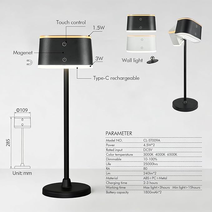 2 Pack Dual-Tone Rechargeable Cordless Desk Lamp – Black & White Portable Table Light, Type-C Charging Table lamp, Touch Control, 3 Color Temps, Stepless Dimming for Reading Study Bedside