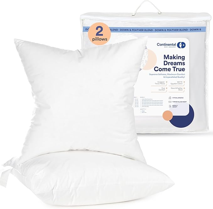 Continental Bedding Throw Pillow Inserts - 16x16, Set of 2, 80% White Goose Down & 20% Feather Fill - Soft Decorative Euro Pillows for Couch, Bed, Sofa & Living Room - Luxurious Comfort & Support
