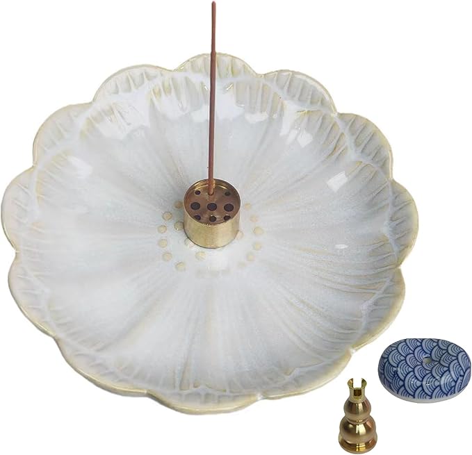 Ceramic Incense Holder Bowl with Brass Burner for Incense Sticks, 5.51 Inch Handmade Incense Burner Ash Catcher for Coil, Sage Cones, Palo Santo, Smudge Bowl for Yoga Meditation Room Décor (White)
