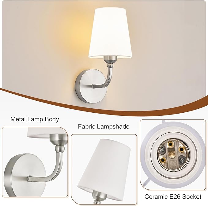 Modern Wall Sconces Set of 2, Hardwired Wall Lights with Flared White Fabric Shade, Brushed Nickel Wall Lamps for Bedroom Bedside Stairway Bathroom Living Room(ETL Listed)
