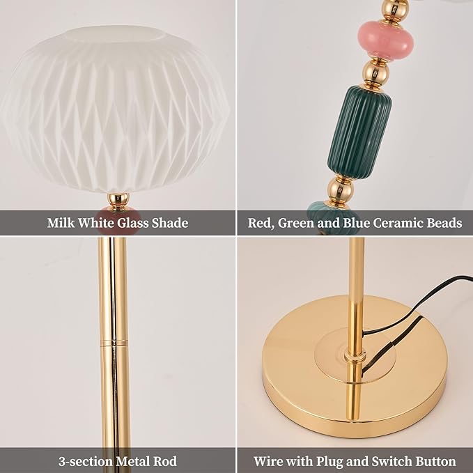 Floor Standing Tall Lamp Milk Glass Floor Lamp with Plug Switch Button for Living Room Bedroom Home Office
