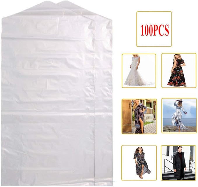 100 Pack Garment Bag Transparent Clothing Dust Cover Storage Bag Suitable for Wedding Dresses Long Skirts Windbreakers Down Jackets 23.6x59 inches