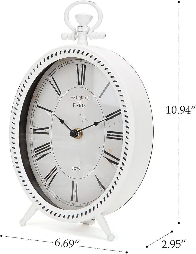 NIKKY HOME Vintage Table Clock, Metal White Table Clock Retro Non-Ticking Desk Clock Battery Operated Antique Non-Alarm Clocks for Bedroom Living Room Indoor Decoration