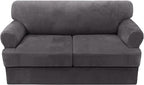 H.VERSAILTEX Sofa Cover 3 Piece T Cushion Loveseat Slipcovers Thick Velvet Couch Cover Stretch T Cushion Sofa Covers for 2 Cushion Couch with 2 Individual T Cushion Covers Washable, Grey