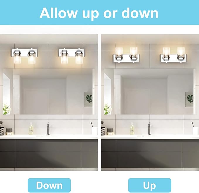 Vanity Light Fixture,2-Light Vanity Light for Bathroom,Matte Black Bathroom Vanity Lighting Over Mirror with Square Clear Glass Shade for Restroom