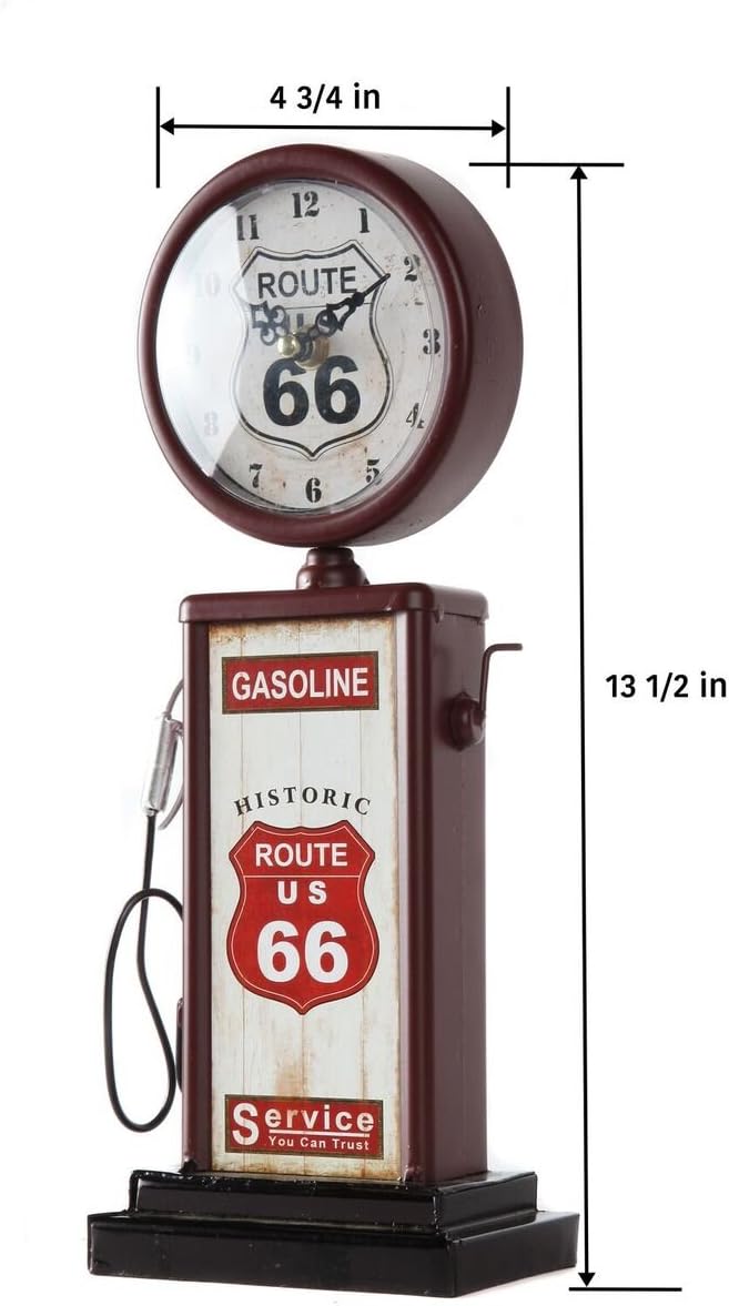 Lily's Home Old Fashioned Route 66 Gas Pump Mantle Clock, Silent-Non-Ticking with Quartz Movement, Makes an Ideal Gift for Antique Sign Collectors, Brown/Red (13 1/2" x 4 3/4")