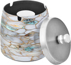 Marble Textures Ashtray with Lid, Outdoor Ashtrays for Patio, Stainless Steel Ashtray Odorless Smokeless for Home Office Balcony