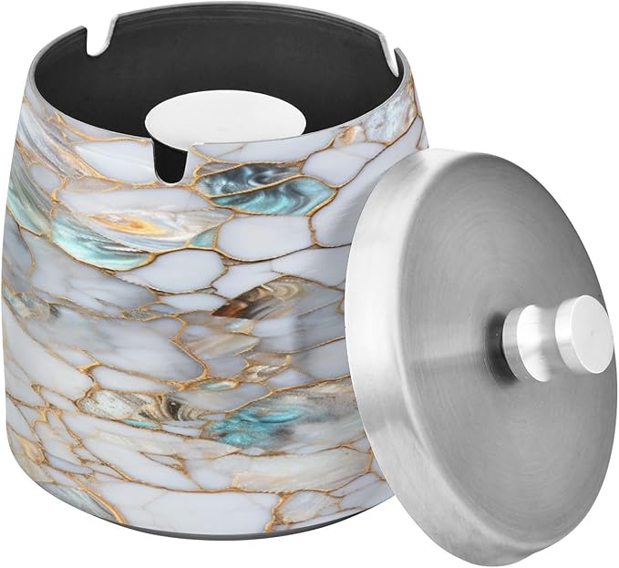Marble Textures Ashtray with Lid, Outdoor Ashtrays for Patio, Stainless Steel Ashtray Odorless Smokeless for Home Office Balcony