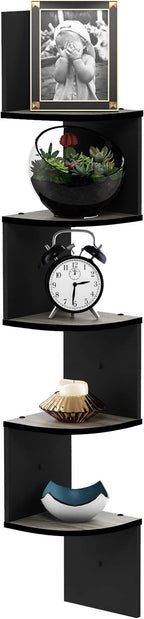 Furinno Rossi Wall Mount Floating Corner Shelf, 5-Tier Radial, French Oak Grey/Black