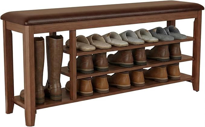3 Tier Shoe Bench with Cushion,Solid Wood Storage Bench Height Adjustable, Shoe Rack for Entryway,Bedroom,Hallway(Walnut)