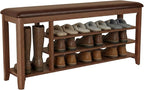 3 Tier Shoe Bench with Cushion,Solid Wood Storage Bench Height Adjustable, Shoe Rack for Entryway,Bedroom,Hallway(Walnut)