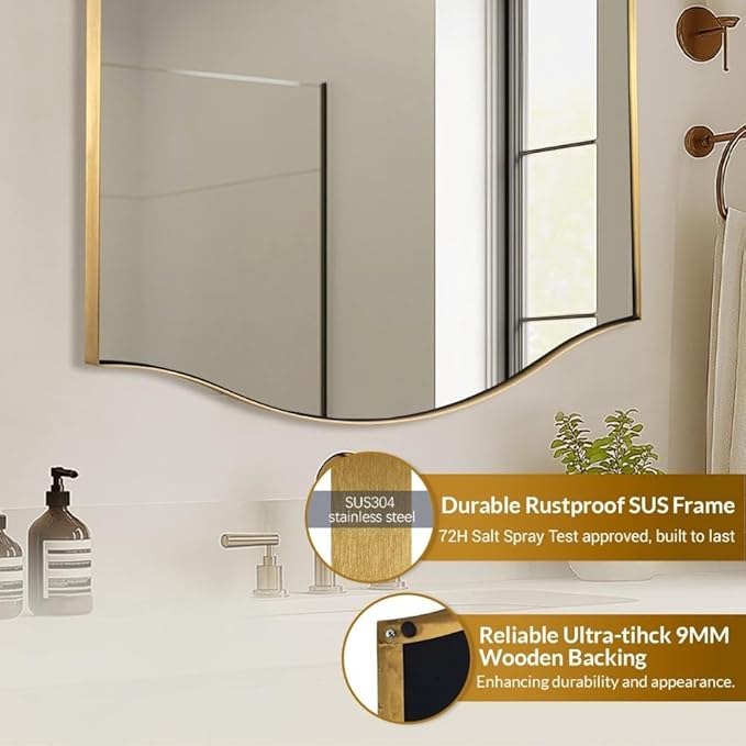 ANDY STAR Rectangle Scalloped Mirror, 24"x40" Brushed Gold Bathroom Mirror in SUS304 Stainless Steel Metal Frame, Brass Vanity Mirror with Unique Arched Top Design