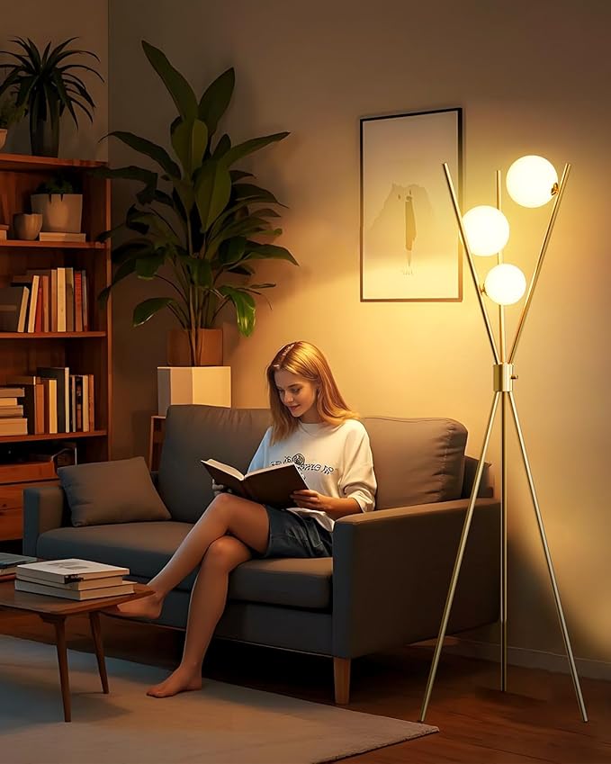 Lightdot Tripod Floor Lamp Stepless Dimmable Globe Modern Floor Lamp Gold Standing Lamps with 3PCS 3000K Bulbs Included Mid Century Modern Floor Lamps for Living Room/Bedroom/Sofa Beside/Corner Decor