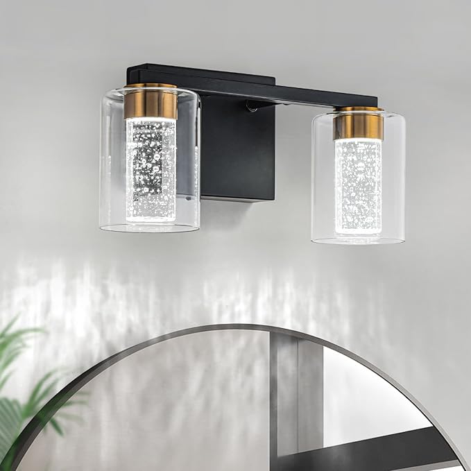 SineRise 2-Light Black and Gold Vanity Light with 3 Color Modes (3000K/4000K/6000K), Eye Protection LED Bathroom Light Fixture, Dimmable Modern Wall Light Over Mirror with Clear Glass Shade