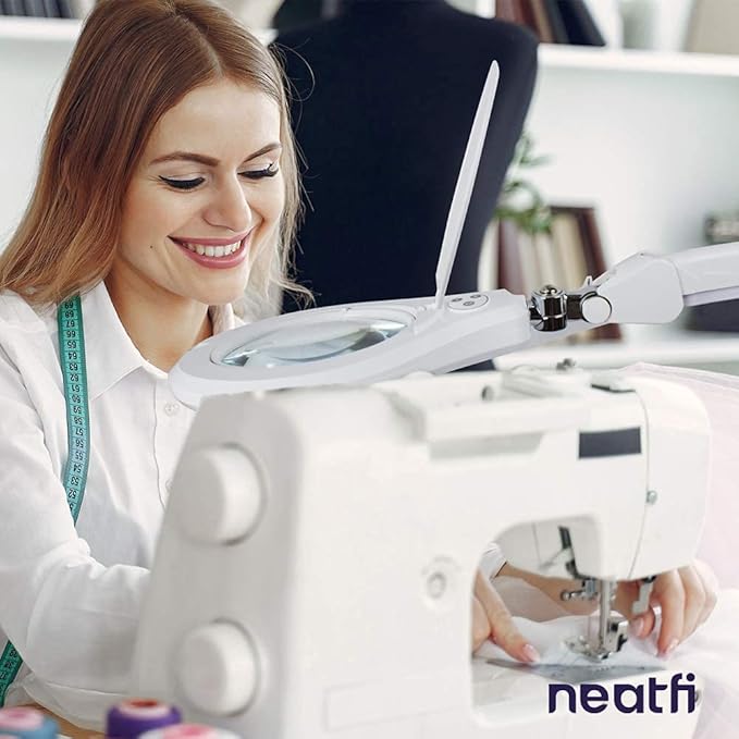 Neatfi Elite Super LED Magnifying Lamp with Clamp, 6” Glass Lens, Dual Magnification, 5D/12D, 6500K, Glare-Free, Nonpolar Dimming, Lamp for Reading, Sewing, Crafting (6 Inch Lens, White)