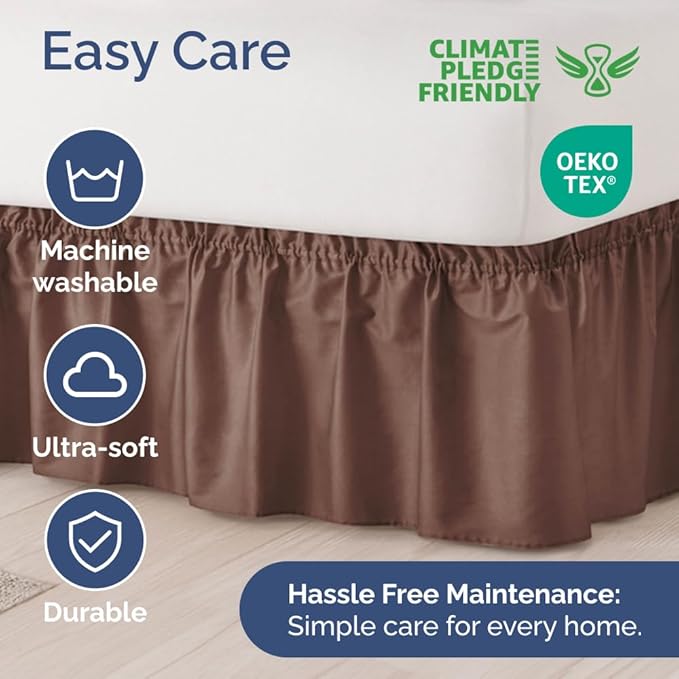 Wrap Around Dust Ruffle Bed Skirt - Brown - for Queen Size Beds with 24 Inch Drop - Easy Fit Elastic Strap - Adjustable Pleated Bedskirt w/Brushed Fabric - Wrinkle Free - for Women, Men, Kids & Teens