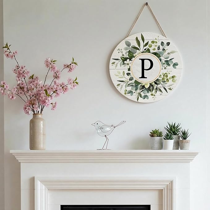 Smile Monogram Letter P Wreaths Wooden Welcome Sign, Family Last Name Initial Front Door Wall Decoration, Floral Spring Summer Porch Rustic Home Kitchen Decor