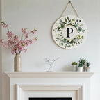 Smile Monogram Letter P Wreaths Wooden Welcome Sign, Family Last Name Initial Front Door Wall Decoration, Floral Spring Summer Porch Rustic Home Kitchen Decor