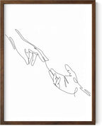 Minimalist Reaching Hands Wall Art Continuous Line Drawing Connection Symbol 12x16 Inch Oak Wood Walnut Framed Aesthetic Modern Decor Print for Bedroom Living Room