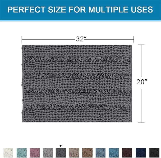 H.VERSAILTEX Bath Rugs for Bathroom Non Slip Bath Mats Extra Thick Chenille Striped Rug 20" x 32" Absorbent Non Skid Fluffy Soft Shaggy Washable Dry Fast Plush Mat for Indoor, Bath Room, Tub - Grey