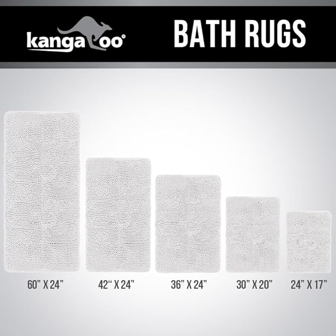KANGAROO Bathroom Rugs, Chenille Soft Absorbent Bath Rug, Shaggy Shower Mat, Quick Dry Machine Wash Bathmat, Plush Carpet Mats for Tub, Bathtub and Room Home Decor Accessories, 60x24, White