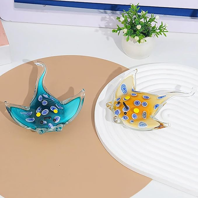 Crystal Ray Fish Figurine Hand Blown Glass Manta Ray Statue Collectibles Ocean Art Sea Animal Home Table Decor Gift Yellow 4.9''