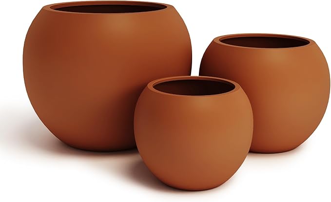 DTY Signature Mount Sherman Modern Indoor Outdoor Fiberstone Sphere Planter, Durable Round Garden Pot, Weather Resistant, Drainage Hole & Rubber Plug - Medium, Terracotta