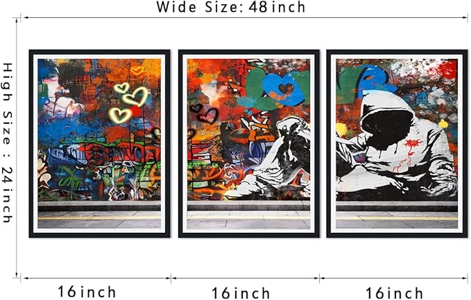 Novatique Banksy Graffiti Wall Art Abstract Poster Print Wall Decor Graffiti Picture for Bedroom Living Room Framed Ready to Hang,16" x 24" x 3pcs
