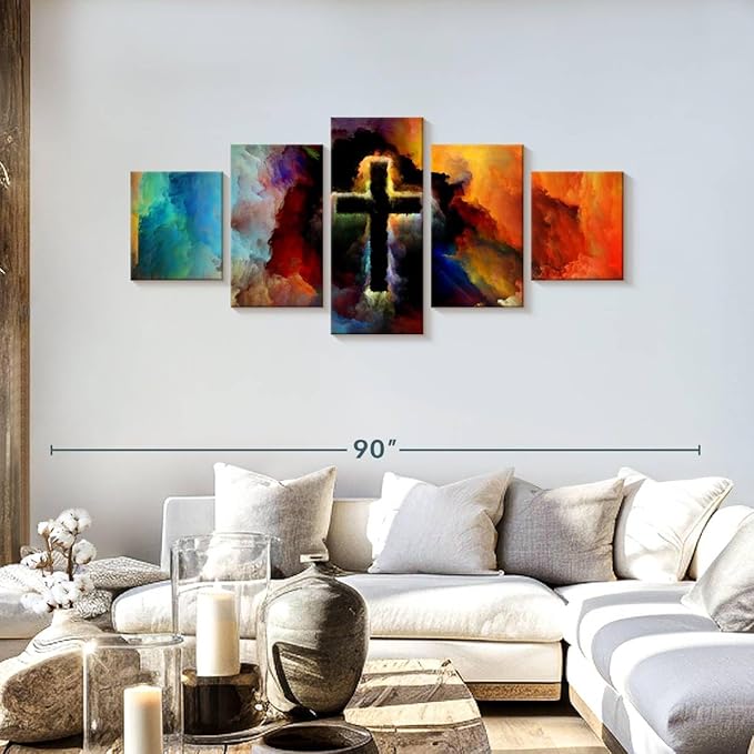 Elephant Stock Colorful Cross Wall Art Multi Piece Canvas - 5 Panel Christian Pictures Decor - Digital Design Canvas Print - Christian Wall Decor - 68" X 30"