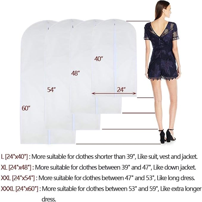 Dress Bags for Hanging Clothes 24'' x 54'' Long Dress Hanging Garment Bag White Breathable Garment Bags for Hanging Clothes Full Zipper Dust Cover for Storage Closet Pack of 6