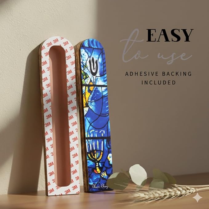 SURI Wooden Mezuzah with Printed Scroll for Door – 5 Inch Chagall Inspired Blue Jewish Door mezuzah Cover, Self-Stick Adhesive, Fits a 4 Inch Scroll, Gift Box Included