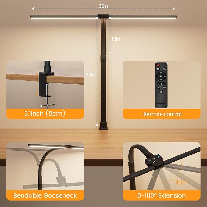 LED Desk Lamp for Home Office - 24W Computer Lamp with Remote Control, Dual Head Desk Light Bar with Clamp, 5 Color & Brightness Adjustable, Tall Flexible Task Monitor Lighting, Black