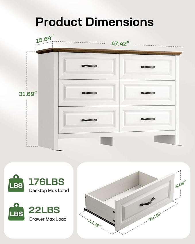 Marsail Farmhouse 6 Drawer Dresser, Wood Chest of Drawers with Natural Texture, Smooth Gliding Drawers, Versatile Storage Organizer Cabinet for Bedroom & Living Room, White and Brown