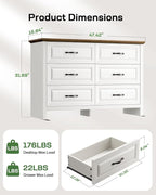 Marsail Farmhouse 6 Drawer Dresser, Wood Chest of Drawers with Natural Texture, Smooth Gliding Drawers, Versatile Storage Organizer Cabinet for Bedroom & Living Room, White and Brown