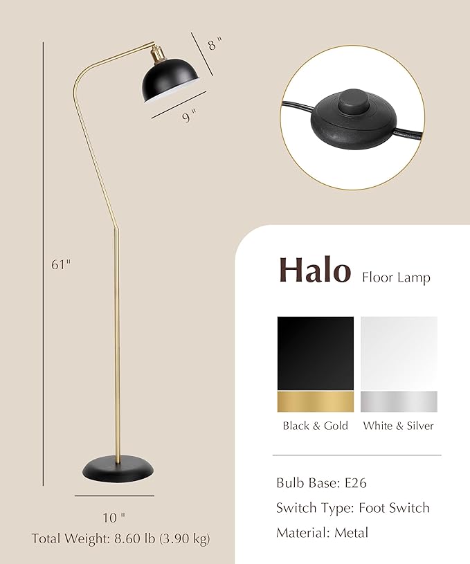 HarvestLand Halo Brass Floor Reading Lamp – Standing Reading Lamps with Solid Base, Black Reading Floor Lamp for Living Room, Bedside Table or Over Chair Use, Reading Light Standing Lamp