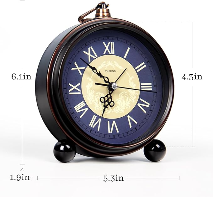 Vintage Analog Alarm Clock, 4.3" Silent Non-Ticking Quartz Desk Clock with Roman Numerals, Battery Operated Table Clock for Bedroom, Living Room, Office, or Gift (Blue)