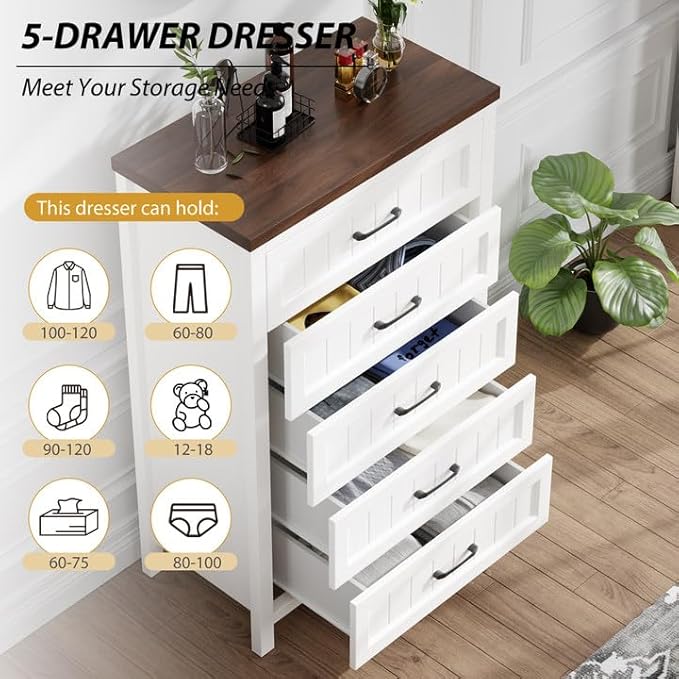 5 Drawer Dresser for Bedroom - Farmhouse 44.9" Tall Chest of Dresser with Large Storage, Rubst Wood Construction for Living Room, Hallway & Entryway - White (White & Brown)