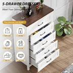 5 Drawer Dresser for Bedroom - Farmhouse 44.9" Tall Chest of Dresser with Large Storage, Rubst Wood Construction for Living Room, Hallway & Entryway - White (White & Brown)