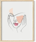 Aesthetic Face Wall Art Hands on Cheeks Continuous Line Drawing Abstract Pink Shapes 11x14 Inch Oak Wood Beige Framed Modern Portrait for Bedroom Vanity