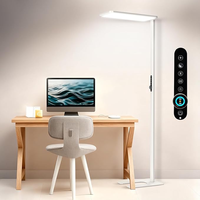 JINIU 150W 11000LM Full-Spectrum 79" LED Floor Lamp, Bridgelux Thrive™ Eye-Care Standing Lamp, Dimmable 4000K Natural Daylight, Motion Sensor for Home Office, Playroom, Special Nightlight for Bedroom