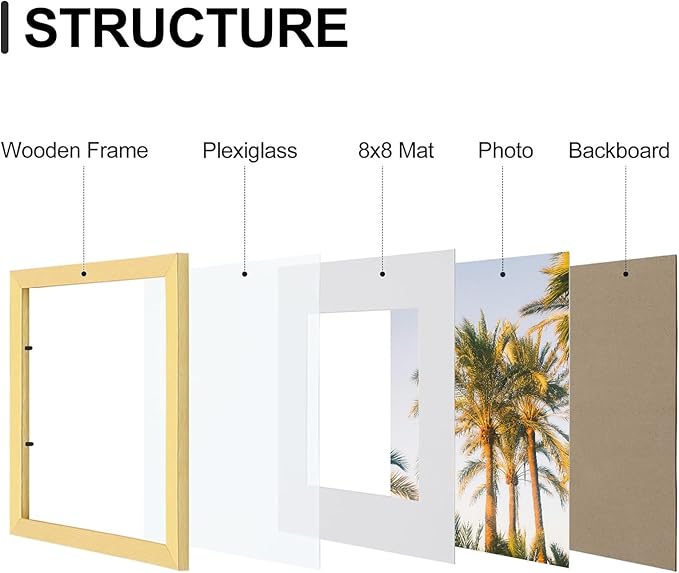 Vittanly 12x12 Picture Frames Set of 9, Shatter Resistant Plexiglass, Display 8x8 Pictures with Mat or 12x12 without Mat, Photo Frames for Wall Mount, Engineered Wood, Gold