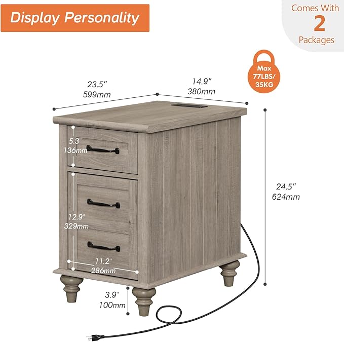 WAMPAT Set of 2 End Tables with Charging Station, Grey Side Table with Storage Cabinet & Drawer, Wooden Nightstands with Power Outlets & Type-C USB Port for Bedroom, Living Room