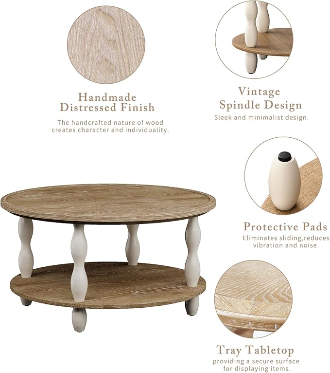 karlott Round Coffee Table, 30.3" Coffee Tables for Living Room, Solid Wood Veneer 2-Tier Center Table with Storage Shelf, Pine Leg, Boho Rustic Farmhouse Coffee Table for Living Room, Easy Assembly