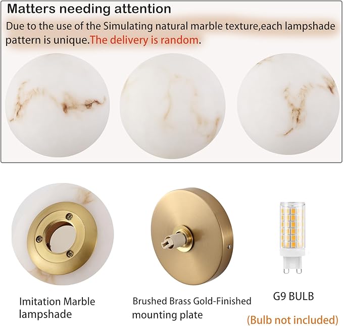 Modern Gold Globe Wall Sconce with Imitation Marble Shades Unique Textures Marble Bathroom Vanity Lighting Premium Resin Wall Light for Bedroom Living Room Staircases Hallway