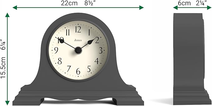 JONES CLOCKS® Speakeasy Mantel Clock | Classic Napoleon’s hat Design | Dark Gray | Contemporary Classic Style for Desk, Table, Shelf or Bedside