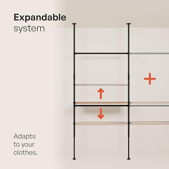 pamo Industrial Pipe Clothing Rack with Shelf - 660 lbs Capacity - Clamping Clothes Rack and Walk In Closet with Wooden Shelf for Wardrobe